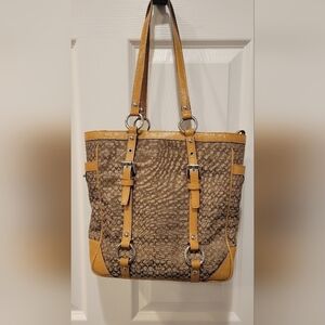 COACH Signature Khaki/Brown Jacquard Patent Leather Lunch Tote Bag